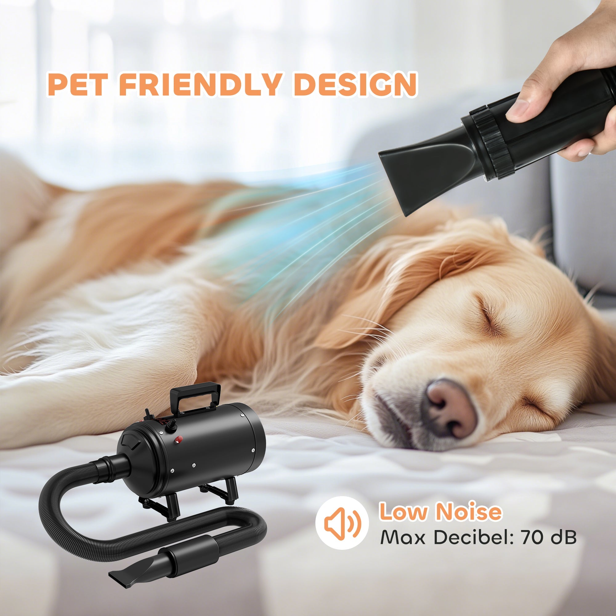 PawHut 2200W Dog Hair Dryer with Adjustable Temperature & Velocity, 3 Different Nozzles, Black 