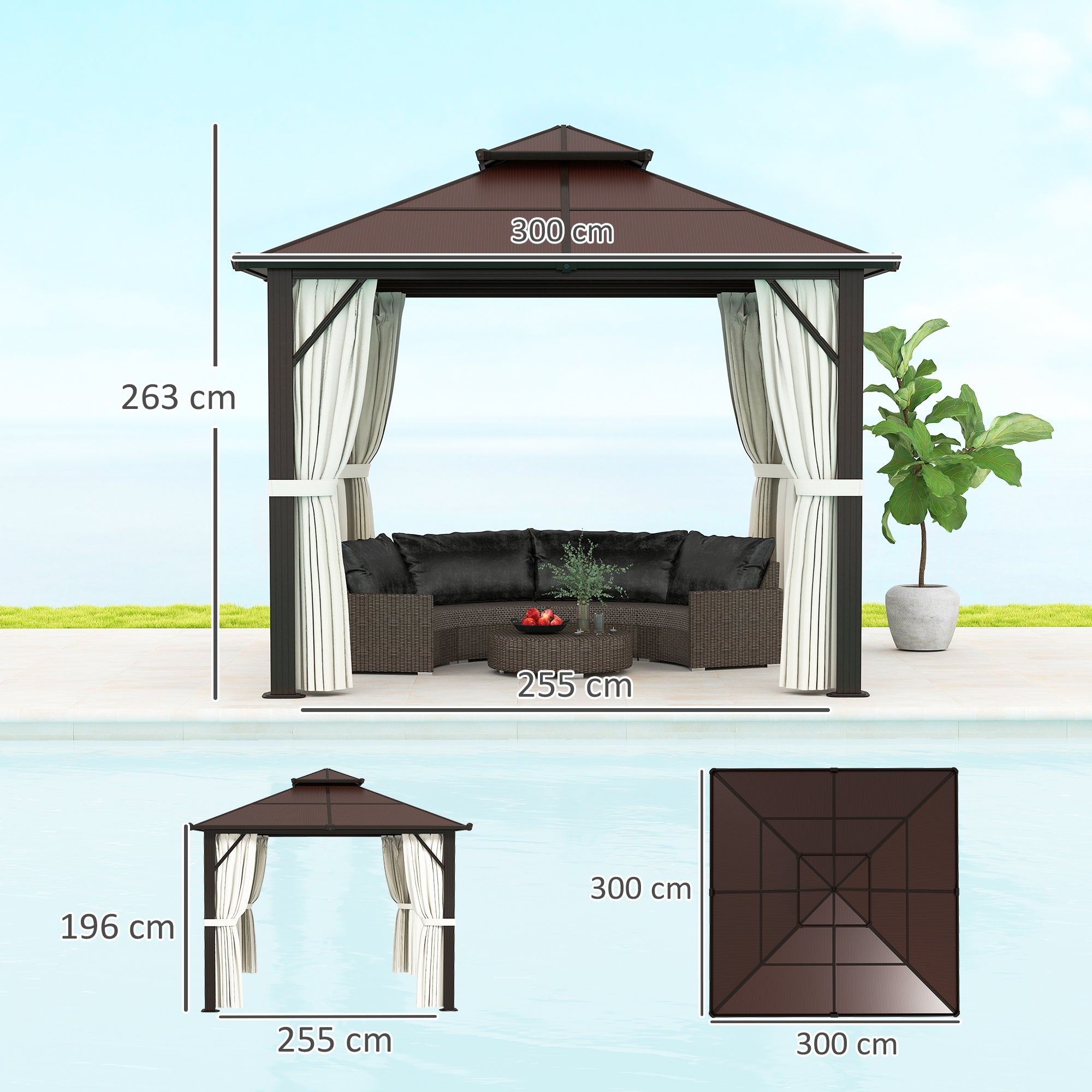 Outsunny 3 x 3(m) Hardtop Gazebo Canopy with UPF30+ Double Polycarbonate Roof, Aluminium Frame Garden Gazebo Permanent Pavilion with Mosquito Netting and Curtains for Patio, Deck, Beige 