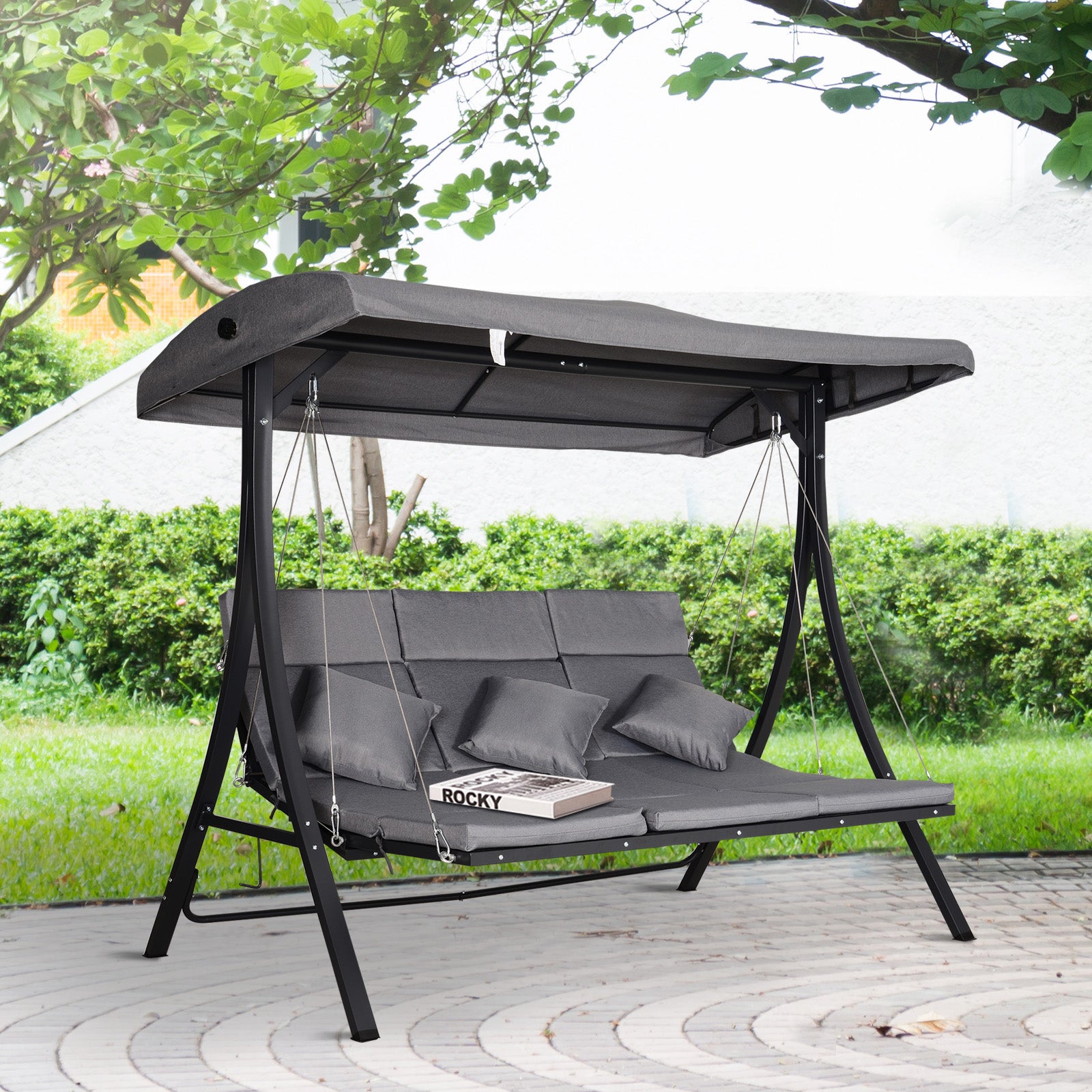 Outsunny 3 Seater Garden Swing Seat Outdoor Swing Chairs Chaise Lounge Padded Seat Hammock Canopy Porch Patio Bench Bed Recliner Sun Lounger - Grey 