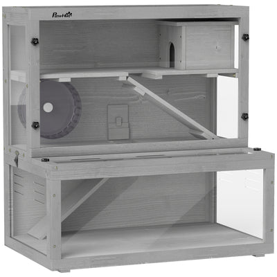 PawHut Wooden Hamster Cage with Hut, Wheel, Ramps, Removable Viewing Panels, 80 x 50 x 84 cm, Grey 
