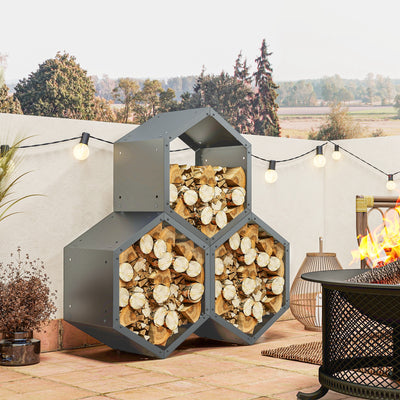 Outsunny Three-Shelf Hexagon Metal Firewood Rack - Grey 