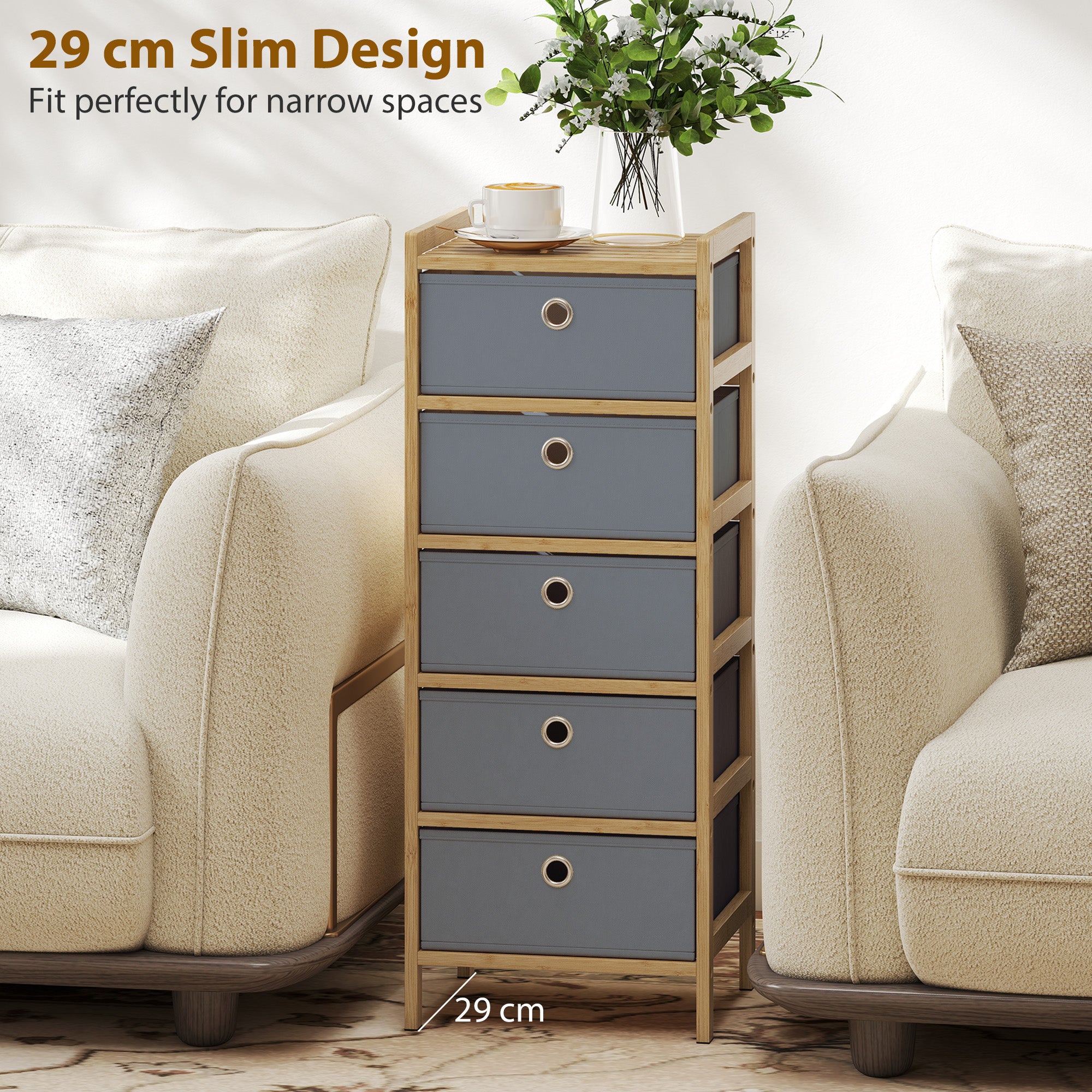 HOMCOM Chest of Drawers, 5 Fabric Drawers Narrow Dresser with Bamboo Frame, Light Grey 