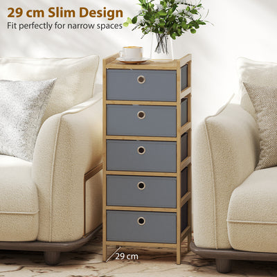 HOMCOM Chest of Drawers, 5 Fabric Drawers Narrow Dresser with Bamboo Frame, Light Grey 