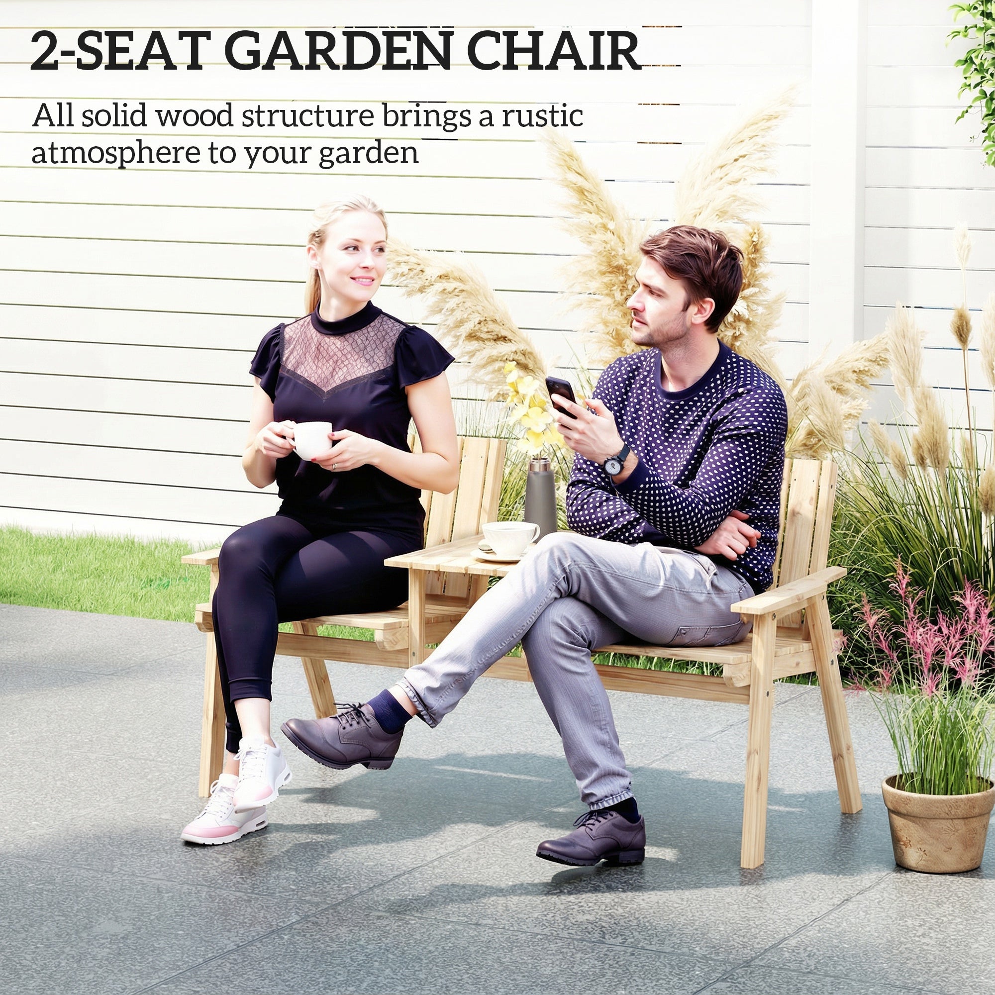 Outsunny 2-Seater Garden Loveseat with Table and Parasol Hole for Porch, Patio, Natural Wood Finish 