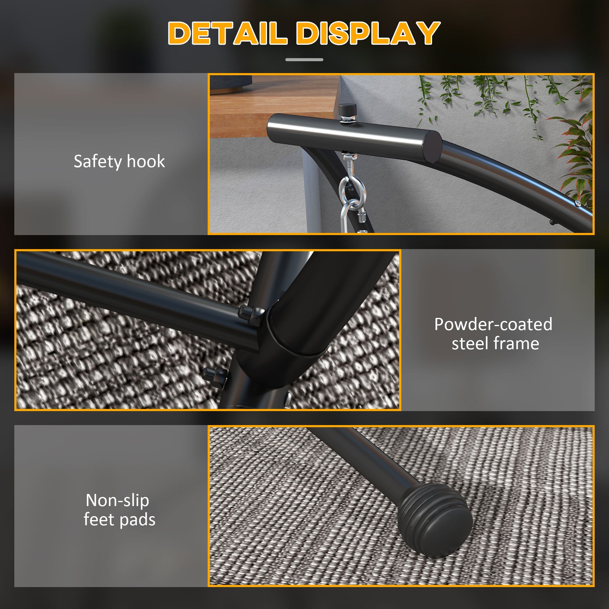 Outsunny Hammock Chair Stand, C Shape Hanging Heavy Duty Metal Frame Hammock Stand for Hanging Hammock Air Porch Swing Chair, Indoor & Outdoor Use, Black 