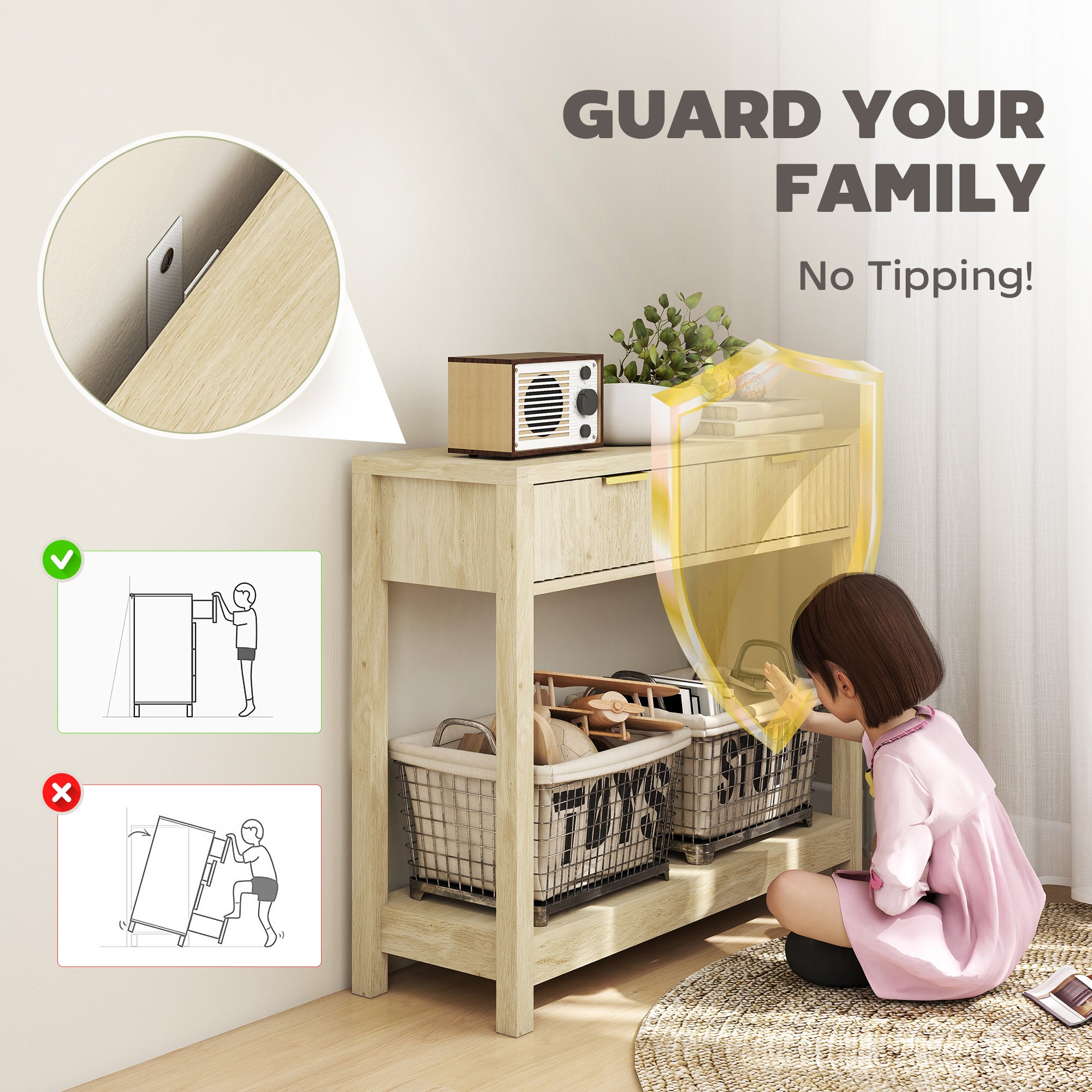HOMCOM Modern Console Table with Fluted Panel Drawers, Narrow Hallway Table with Shelf for Entryway, Living Room, 90 x 30 x 76 cm, Natural Wood Finish
