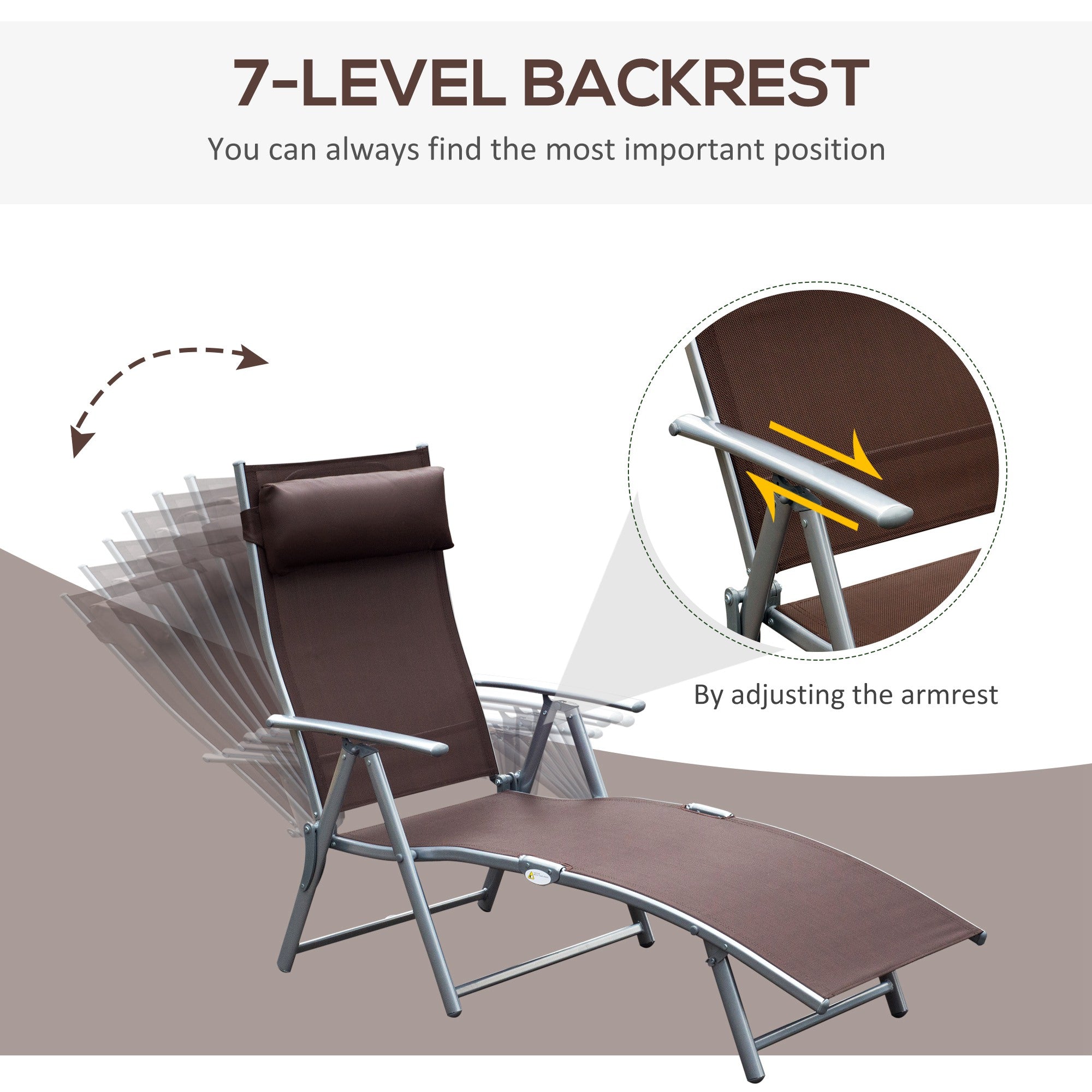 Outsunny Sun Lounger Steel Frame Outdoor Folding Chaise Texteline Lounge Chair Recliner with Headrest & 7 Levels Adjustable Backrest, Brown 