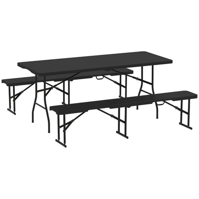 Outsunny Folding Picnic Table and Bench Set, Rattan Effect Portable Camping Table and Chairs with Carrying Handles for Indoor Outdoor, Dining, Camping, Picnic, BBQ, Party, Black 