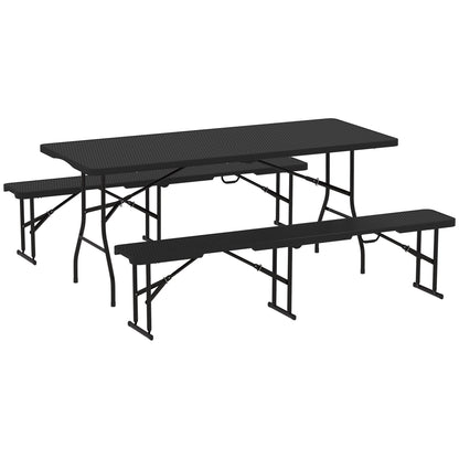 Outsunny Folding Picnic Table and Bench Set, Rattan Effect Portable Camping Table and Chairs with Carrying Handles for Indoor Outdoor, Dining, Camping, Picnic, BBQ, Party, Black 