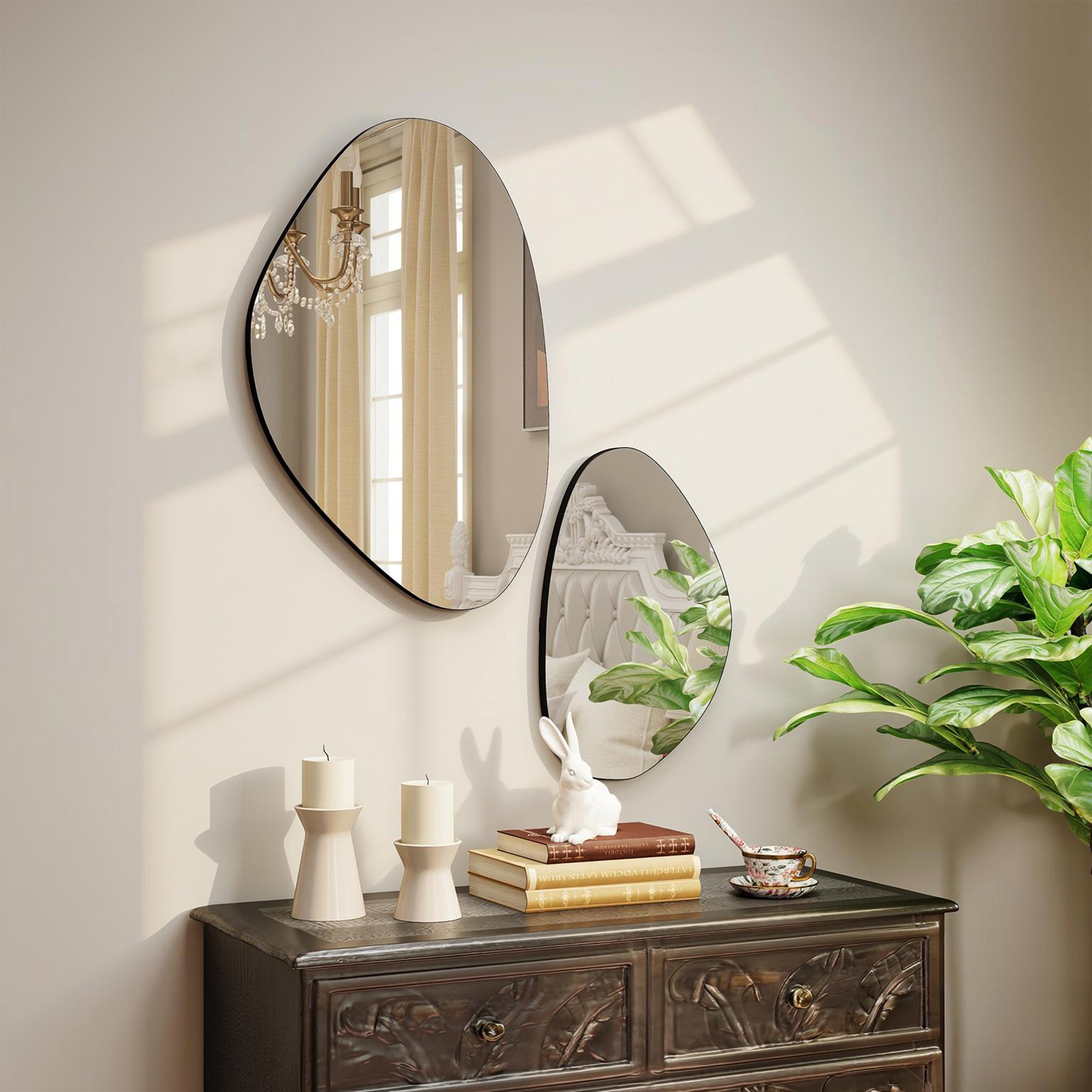 HOMCOM Set of 2 Pebble-Shaped Wall Mirror - Black 