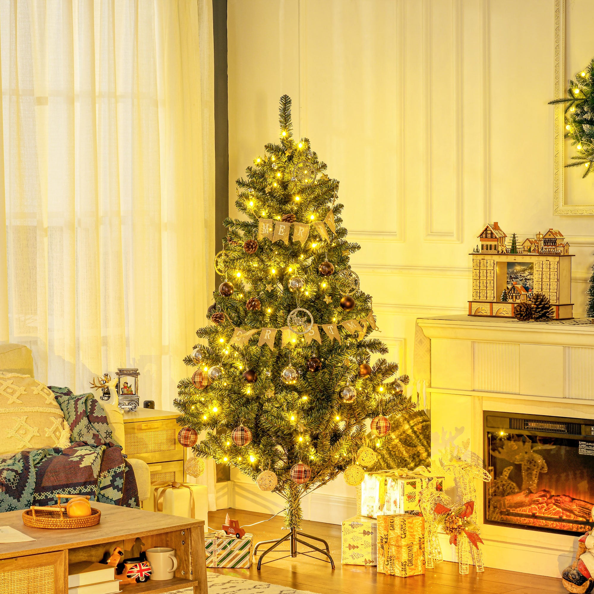 HOMCOM 6' Artificial Prelit Christmas Trees Holiday D\'c3\'a9cor with Warm White LED Lights, Decoration, Banner, Tag, Ball