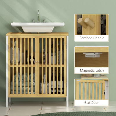 HOMCOM Bamboo-Blend Retro Cut-Out Under Sink Cabinet 