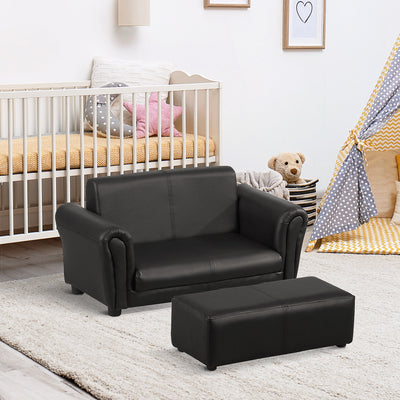 HOMCOM Kids Sofa Bed Kids Twin Sofa Toddler Chair 2 Seater Kids Twin Sofa Chair Boys Girls Couch w/ Footstool (Black) 