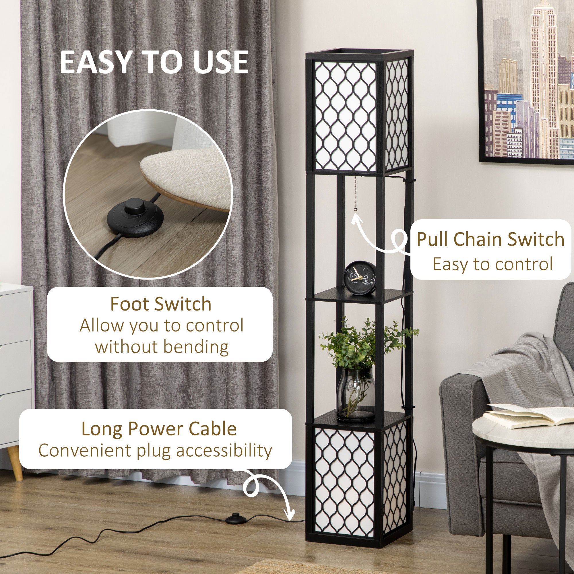 HOMCOM Floor Lamp with Shelves, Dual Light, Modern Tall Standing Lamps for Living Room, Bedroom, with Pull Chain Switch, Bulb not Included, Black 