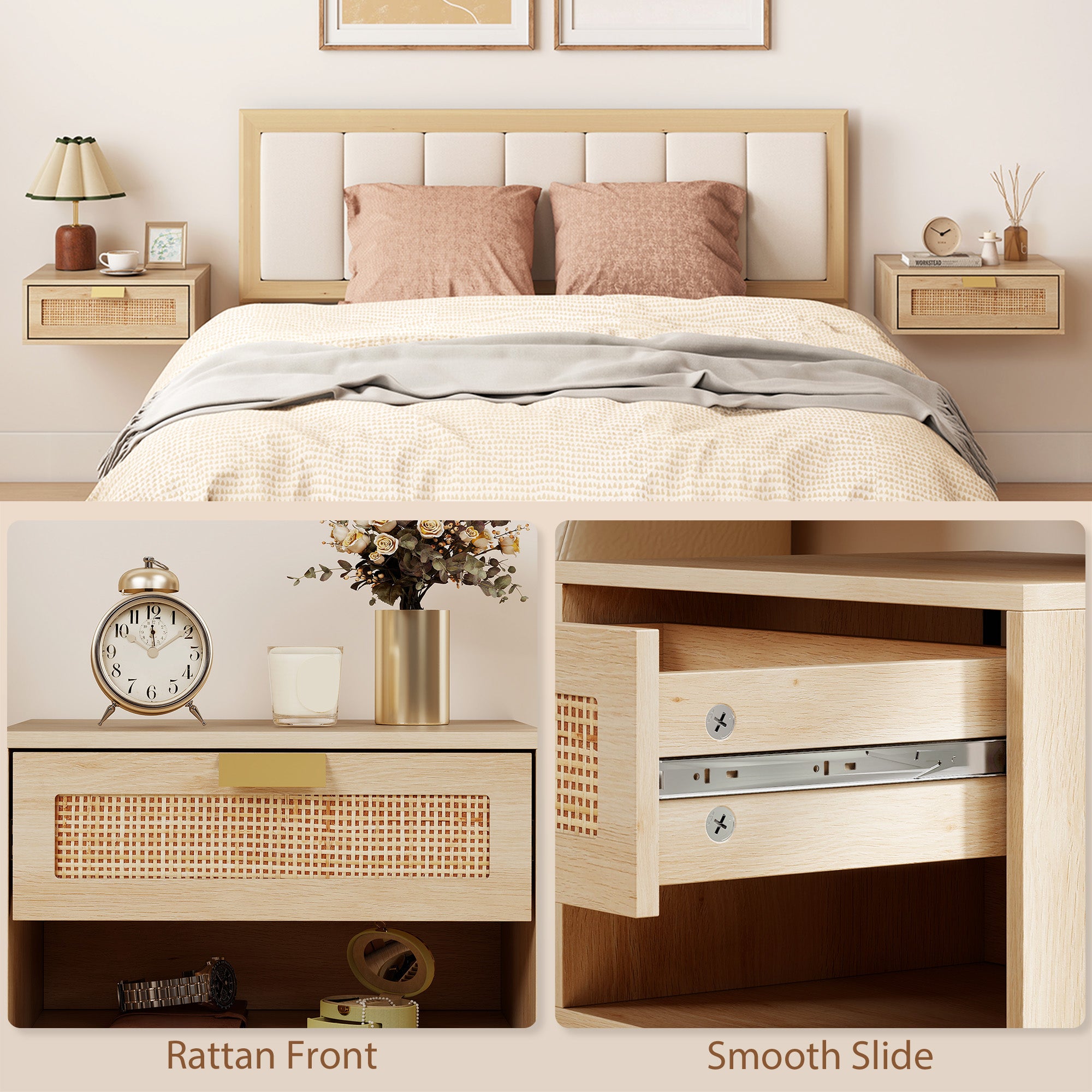 HOMCOM Floating Bedside Tables Set of 2, Wall Mounted Bedside Cabinets with Rattan Drawer and Wood Effect, Oak 