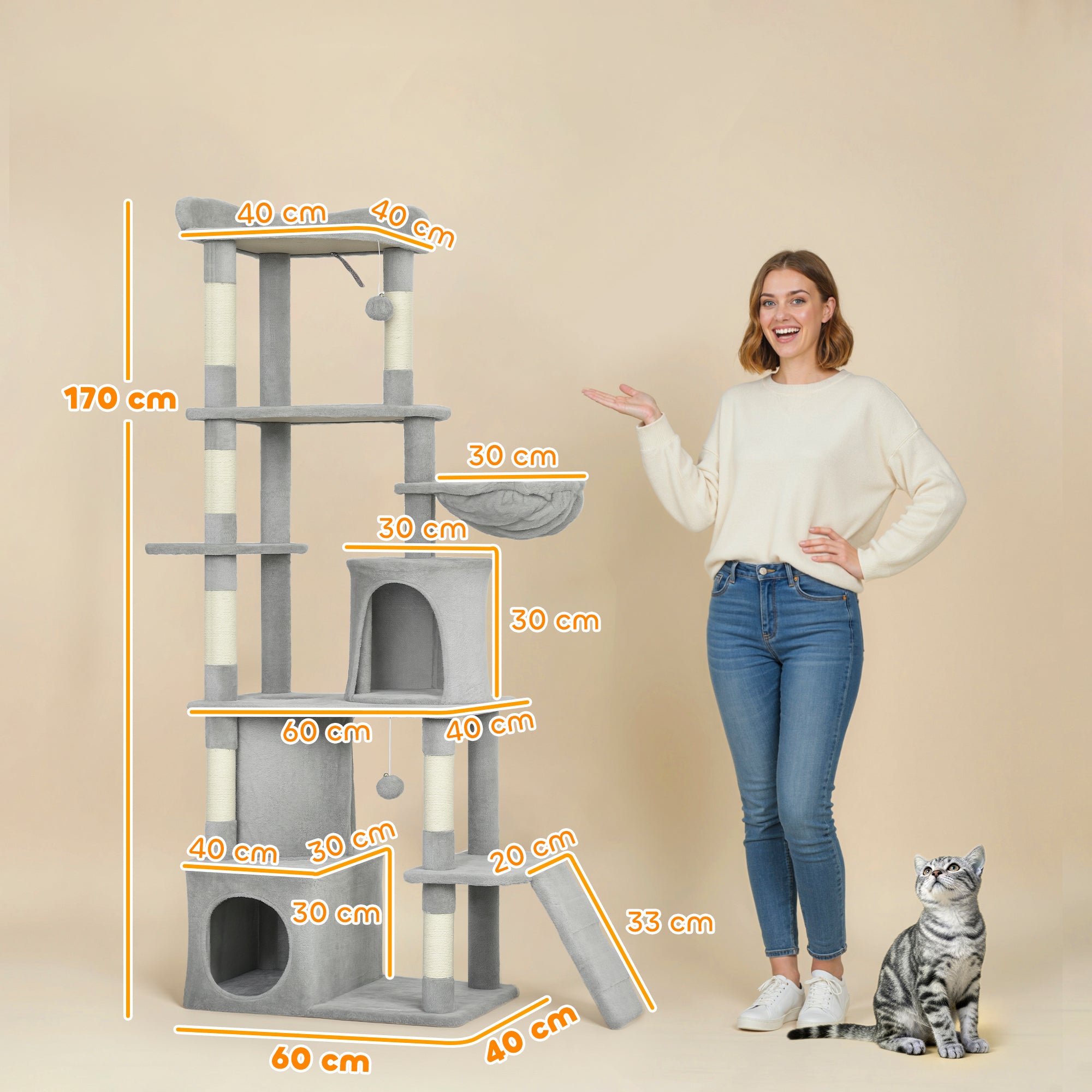 PawHut 170 cm Large Cat Tree, Cat Tower with 7 Scratching Posts, 2 Condos, Hammock,  Light Grey 
