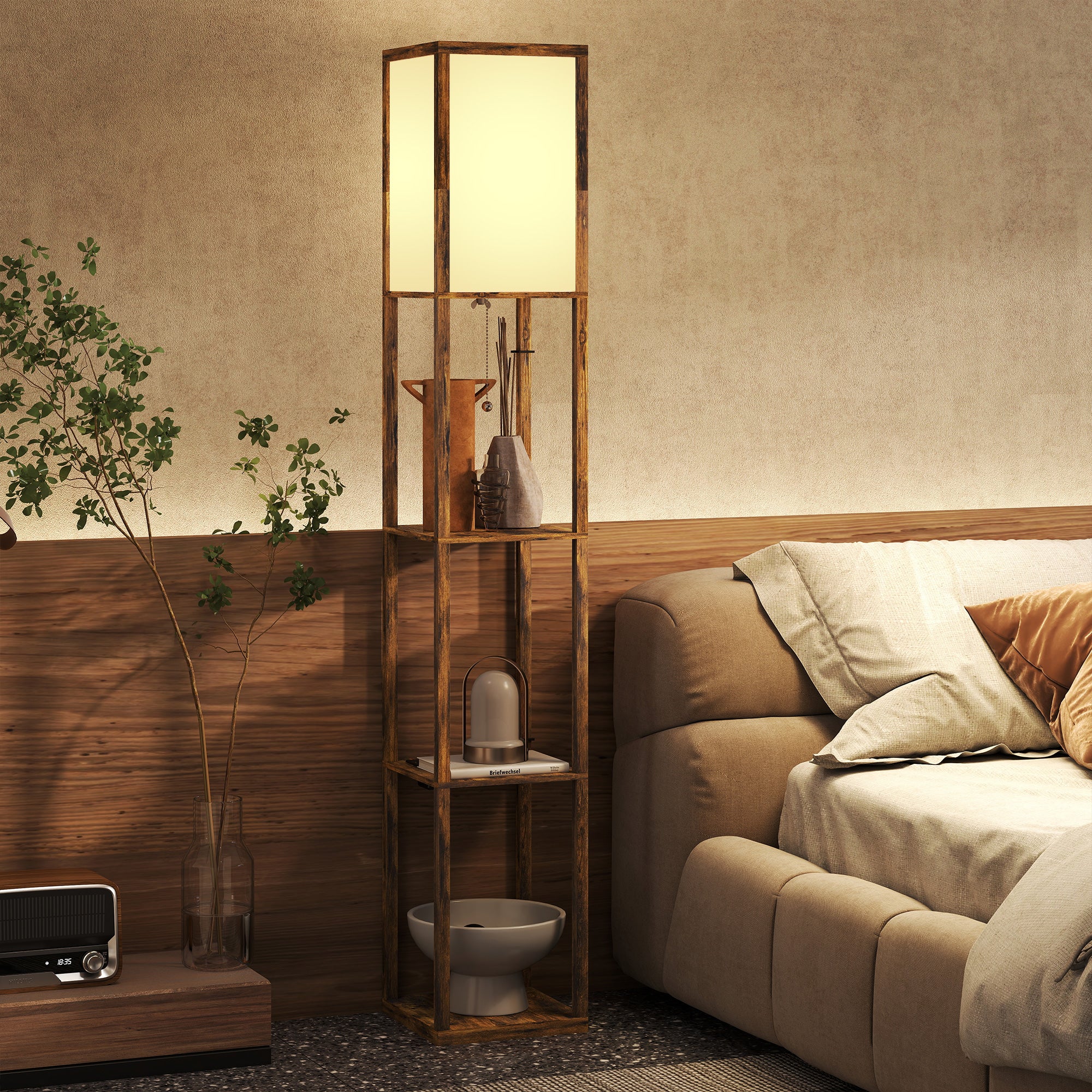 HOMCOM Floor Lamp with Shelves, 4 Layer Standing Lamp with USB Ports, 3 Colour Temperature, Rustic Brown 