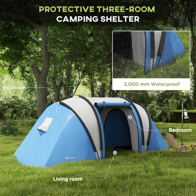 Outsunny Camping Tent with 2 Bedrooms and Living Area, 3000mm Waterproof Family Tent, for Fishing Hiking Festival, Blue 