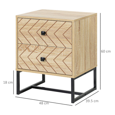 HOMCOM Bedside Table Nightstand Two-Drawer Bedroom Storage Unit Zig Zag Design with Black Metal Handles, Natural 