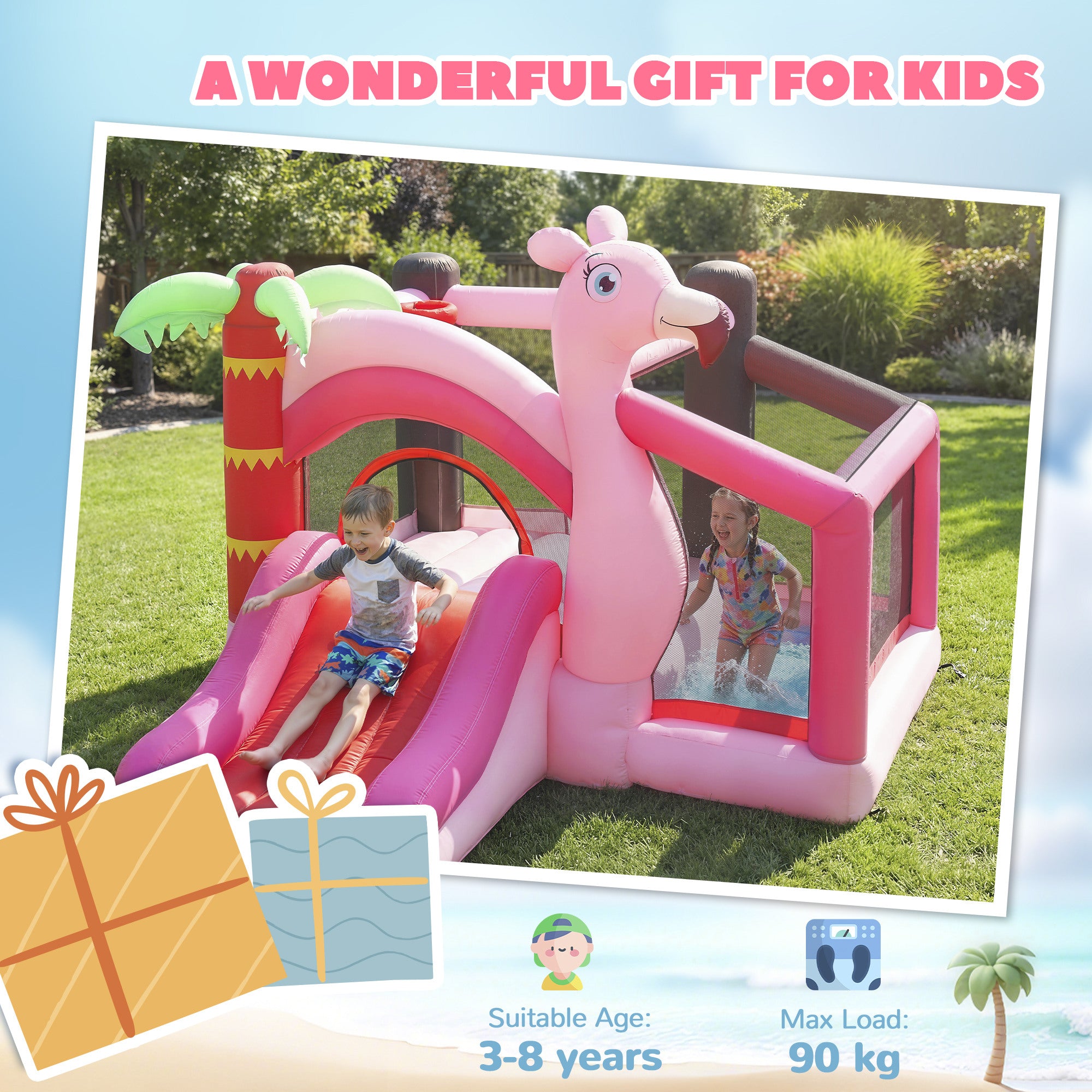 AIYAPLAY Inflatable Bounce House for Kids with Slide, Ball Pit, Basketball Hoop and Blower for Indoor Outdoor Garden, Pink 