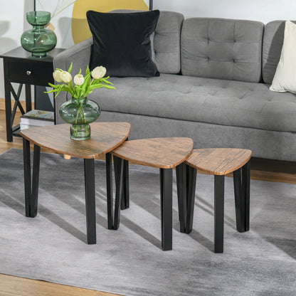 HOMCOM Nest of Tables, Coffee Table Set of 3, Triangle Nesting Tables with Metal Legs, Industrial End Side Table for Living Room, Walnut Wood Grain 