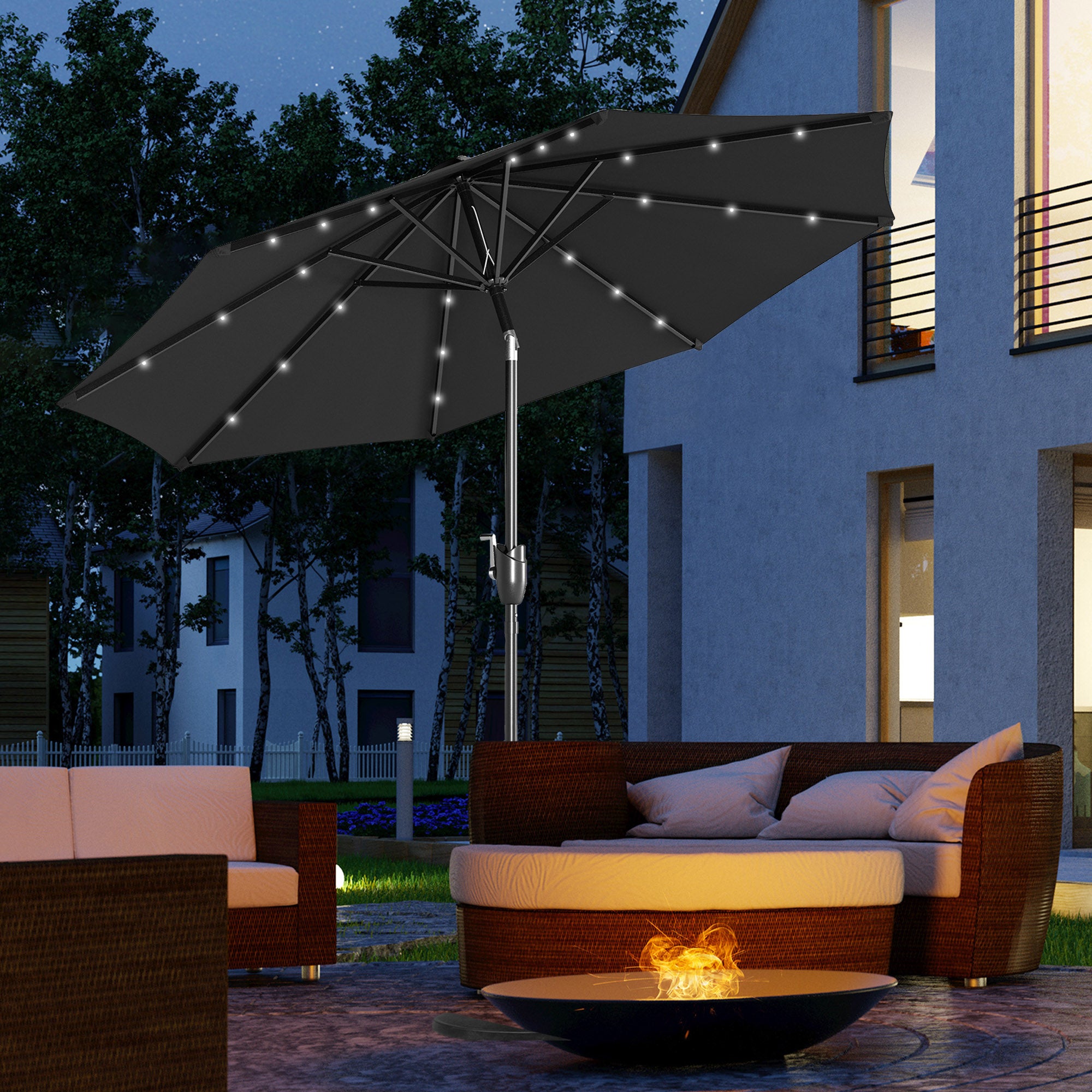 Outsunny \'ce\'a62.7m Garden Parasol Solar Outdoor Tilt Sun Umbrella Patio Sun Shade w/ 24 LED Light, Hand Crank and 8 Ribs, Black