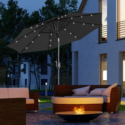 Outsunny \'ce\'a62.7m Garden Parasol Solar Outdoor Tilt Sun Umbrella Patio Sun Shade w/ 24 LED Light, Hand Crank and 8 Ribs, Black