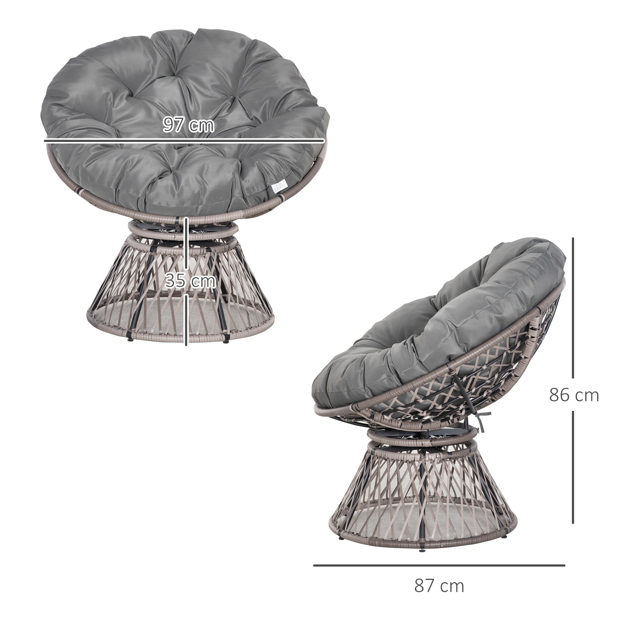 Outsunny 360\'c2\'b0 Swivel Rattan Papasan Moon Bowl Chair Round Lounge Garden Wicker Basket Seat with Padded Cushion Oversized for Outdoor Indoor, Grey