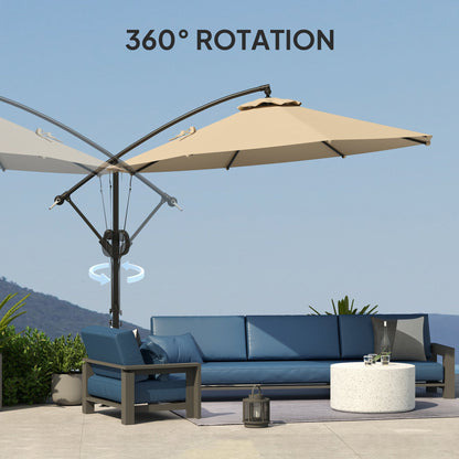 Outsunny 3(m) Garden Cantilever Parasol with Cover and Wind Protection Strap, Round Overhanging Umbrella with Crank Handle and Tilt, Banana Patio Umbrella for Outdoor Sun Shade, UPF50+, Khaki 
