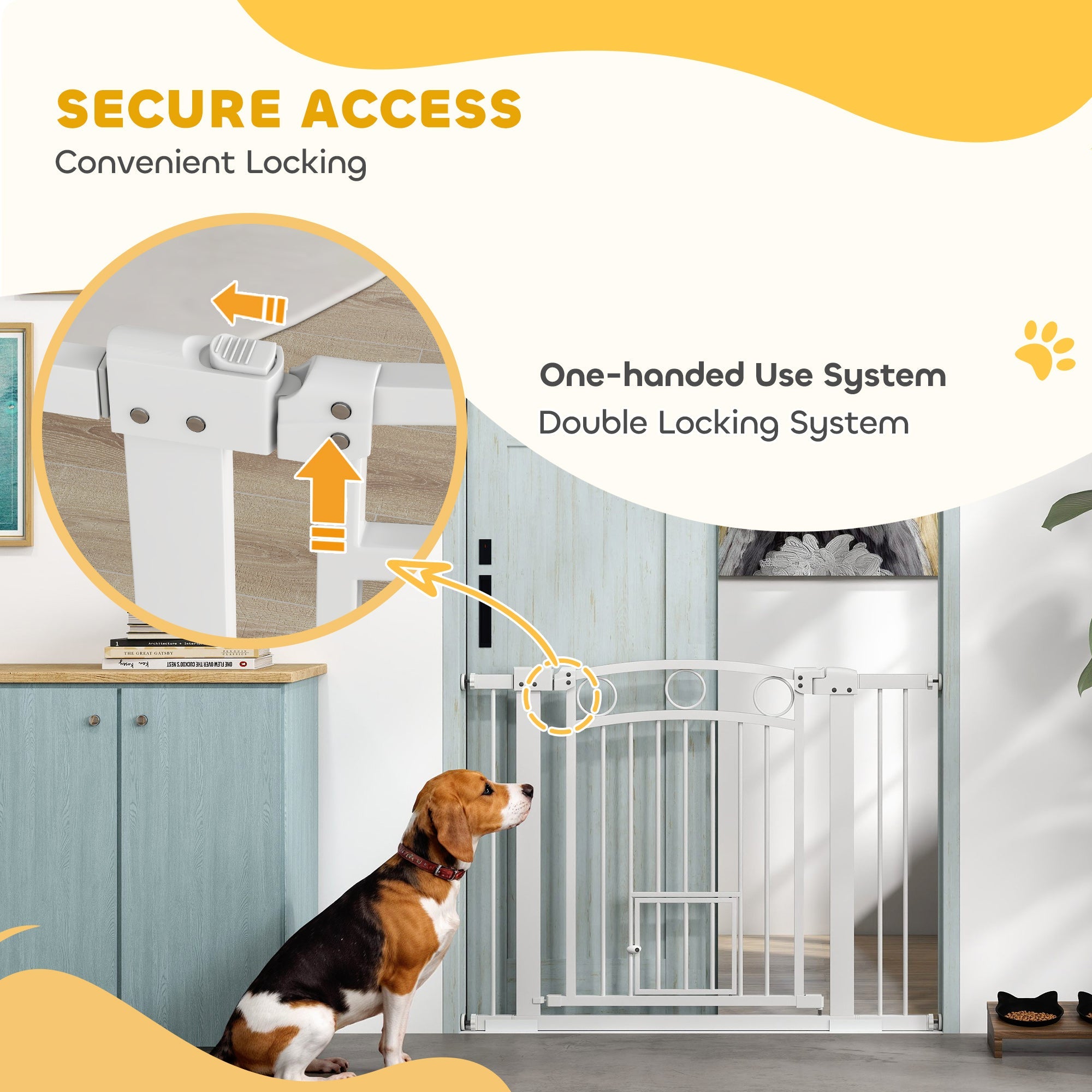 PawHut 77cm Tall Dog Gate with Cat Door, 7cm and 14cm Extensions, for Stairs, Doorways, 76-104cm Width 