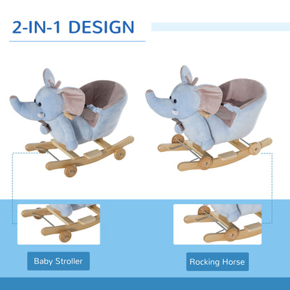 HOMCOM 2 In 1 Plush Baby Ride on Rocking Horse Elephant Rocker with Wheels Wooden Toy for Kids 32 Songs for 18+ Months (Blue) 