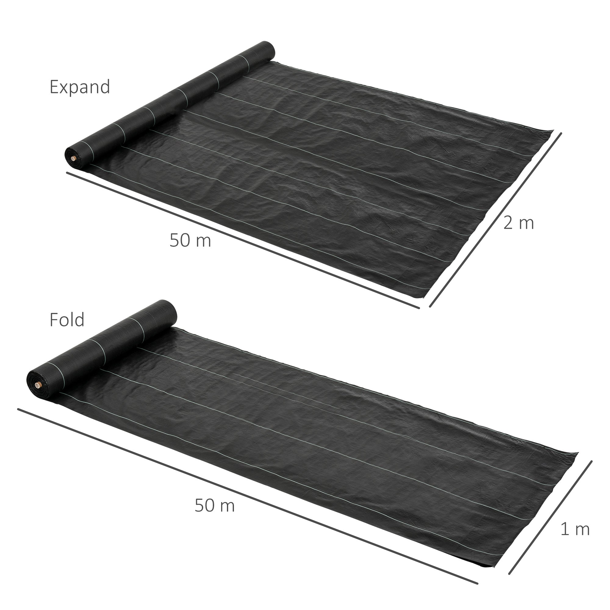 Outsunny 2m x 50m Weed Control Membrane, Heavy Duty Weed Control Barrier Fabric, 90gsm Ground Cover for Patios, Garden, Flower beds, Landscaping 