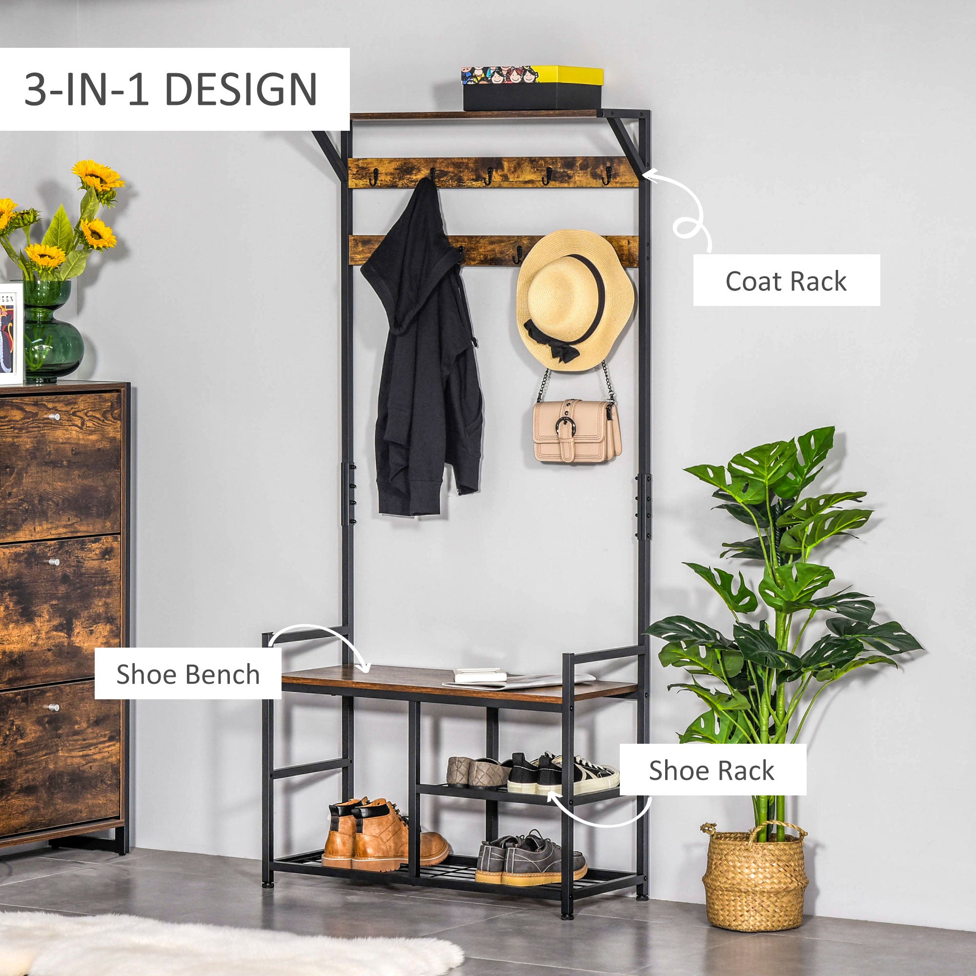 HOMCOM Coat Rack Stand Shoe Storage Bench with 9 Hooks Shelves for Bedroom Living Room Entryway Brown and Black 180cm 