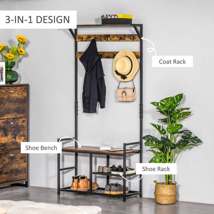 HOMCOM Coat Rack Stand Shoe Storage Bench with 9 Hooks Shelves for Bedroom Living Room Entryway Brown and Black 180cm 