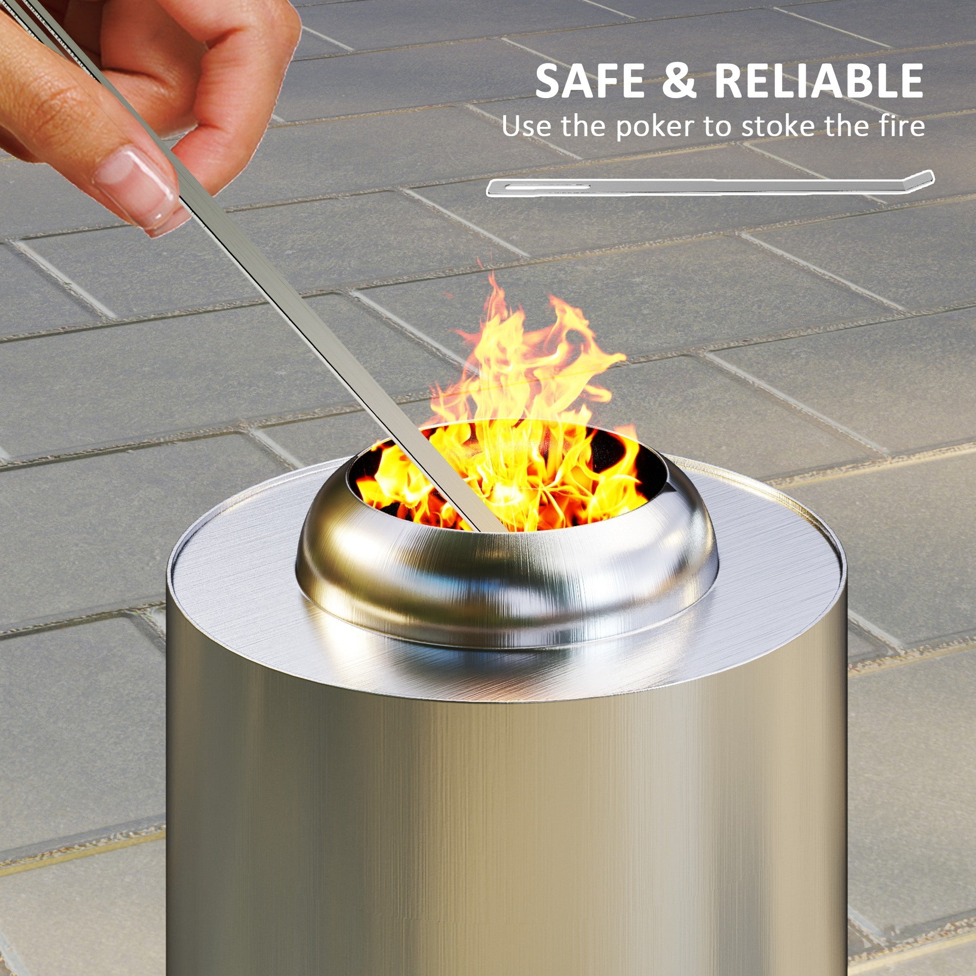 Outsunny Smokeless Fire Pit, 16 x 16 cm Stainless Steel Portable Wood Burning Firepit with Poker, Wood or Pellet Fuelled Tabletop Fire Pit for Garden Camping Bonfire Party, Silver Tone 