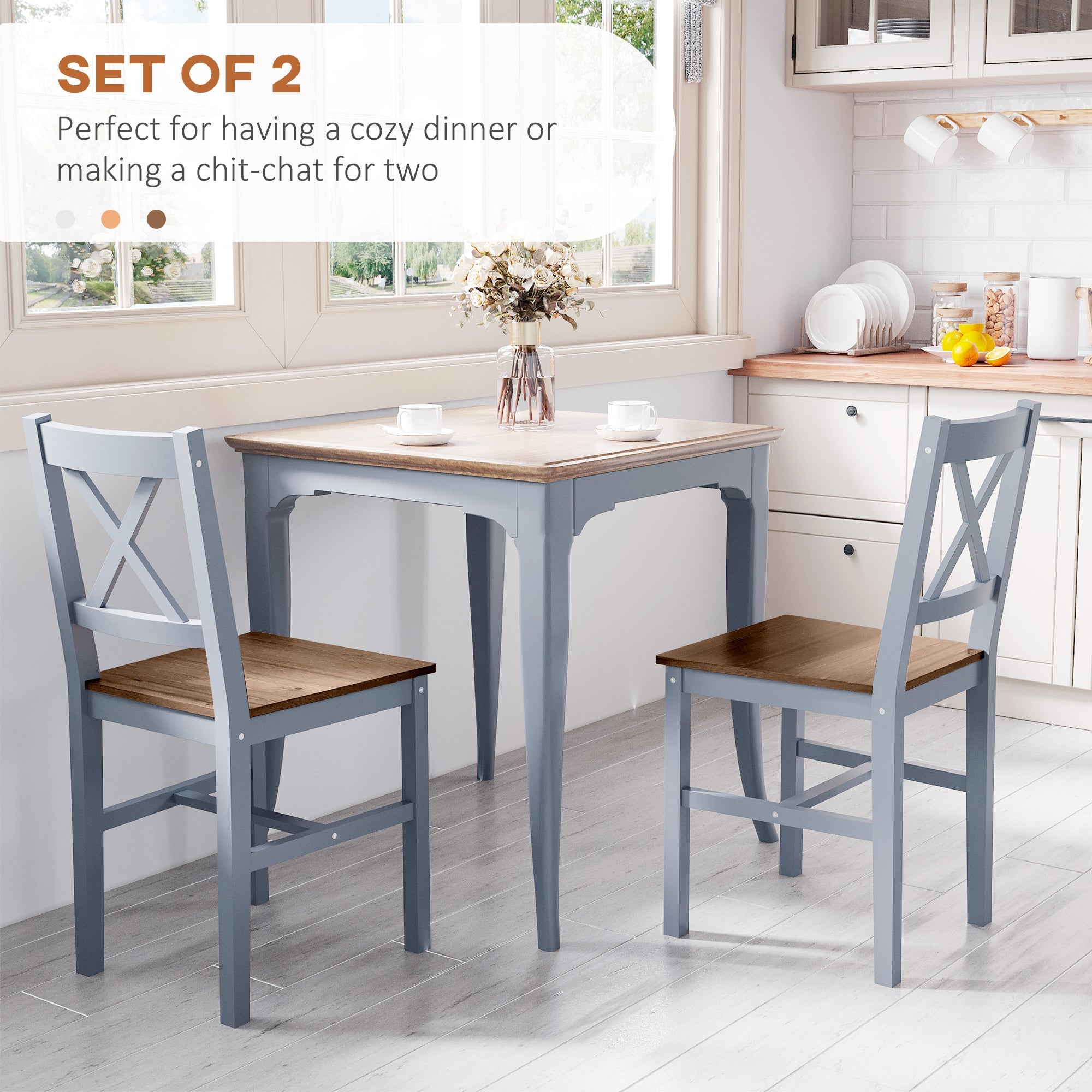 HOMCOM Dining Chairs Set of 2, Pine Wood Kitchen Chairs with Cross Back, Solid Structure for Living Room and Dining Room, Grey 