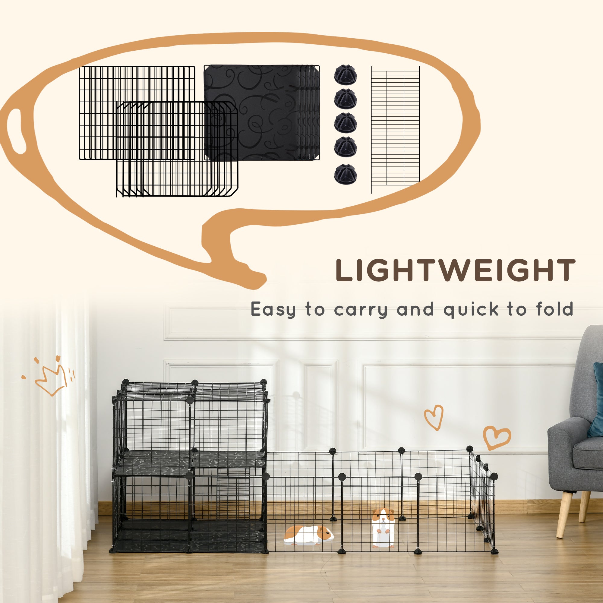 PawHut Pet Playpen with Door, Guinea Pigs Metal Mesh Cage for Small Animal, Chinchilla, 175 x 105 x 70 CM, Black 