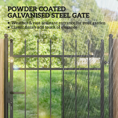 Outsunny Galvanised Steel Garden Gate, Outdoor Fence Gate Security Barrier with Lock, Keys and Handle, Outdoor Entrance Way Door with Classic Finials, 105 x 204 cm, Black 