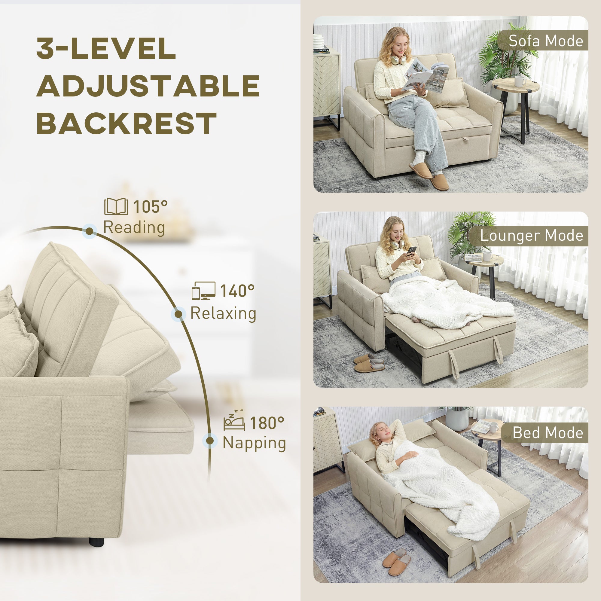HOMCOM 2 Seater Sofa Bed, 3-in-1 Convertible Sleeper Sofa with Click-clack Adjustable Backrest and 2 Pillows, Light Brown 