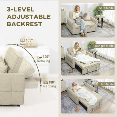 HOMCOM 2 Seater Sofa Bed, 3-in-1 Convertible Sleeper Sofa with Click-clack Adjustable Backrest and 2 Pillows, Light Brown 