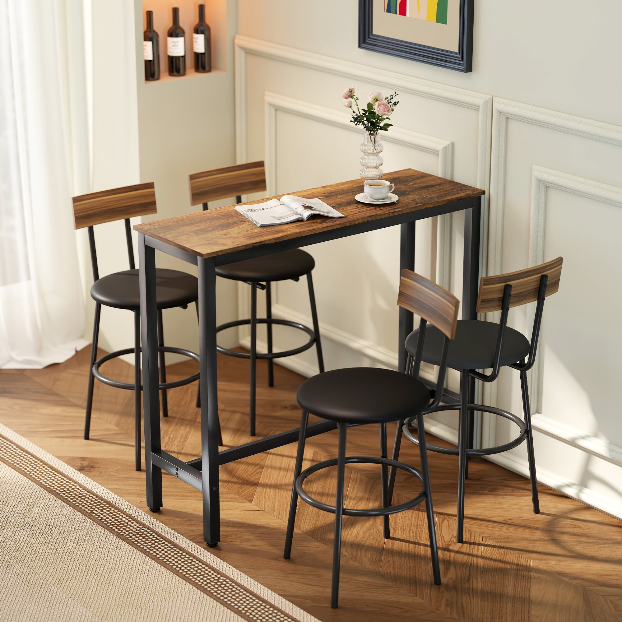 HOMCOM Rectangular Bar Table, Wood Effect Pub Coffee Table for Small Space, Breakfast Dining, Kitchen, Industrial, Rustic Brown 