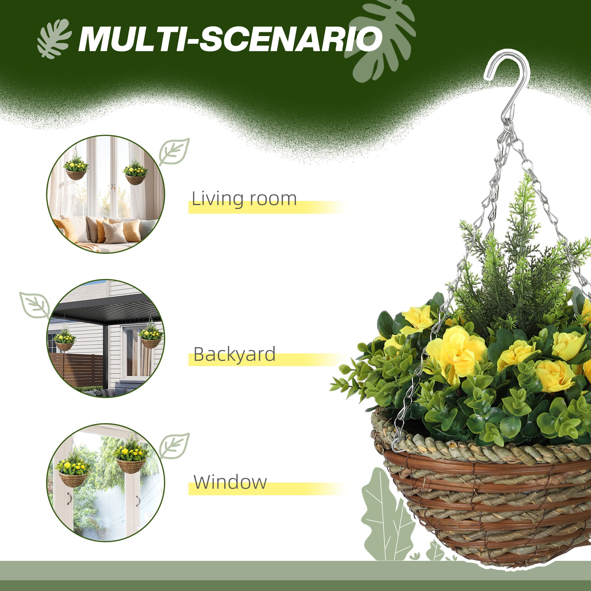 Outsunny Pack of 2 Faux Plant Artificial Lisianthus Flowers Hanging Planter with Basket for Indoor Outdoor Decoration, Yellow 