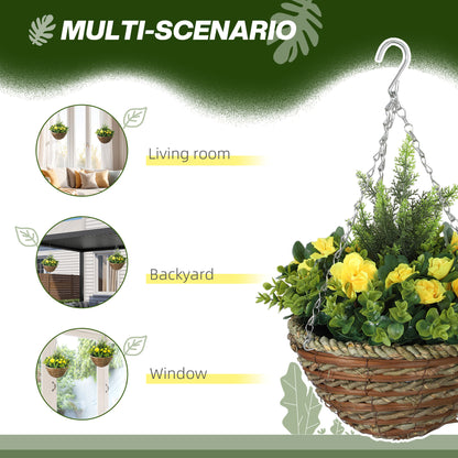 Outsunny Pack of 2 Faux Plant Artificial Lisianthus Flowers Hanging Planter with Basket for Indoor Outdoor Decoration, Yellow 