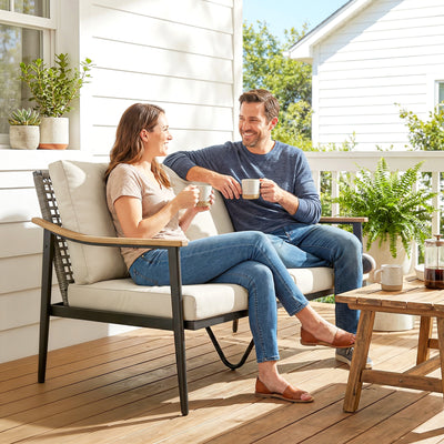 Outsunny 2 Seater Rattan Sofa, Outdoor Garden Sofa with Wood-Effect Armrests, Cushions for Patio, Balcony, Khaki 
