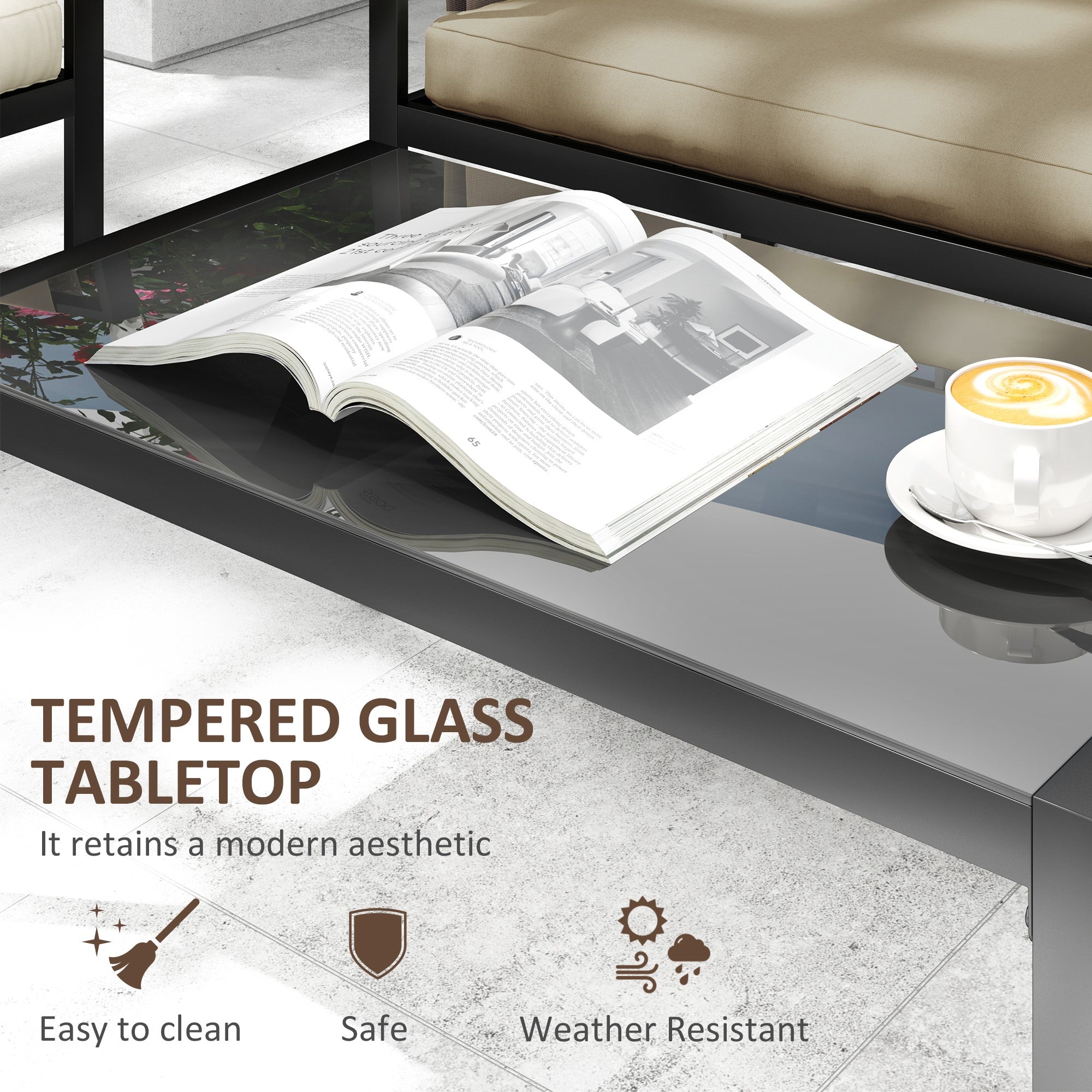 Outsunny 4 Piece Metal Garden Furniture Set with Tempered Glass Coffee Table, Texteline Pocket, Outdoor Set Loveseat Single Armchairs with Padded Cushions, Khaki 