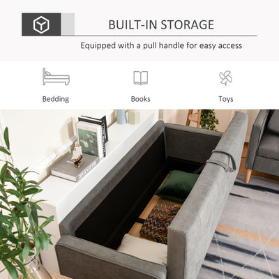 HOMCOM Modern 3 Seater Sofa with Hidden Storage, 169cm Tufted Cotton Couch with Wood Legs, Compact Sofa for Living Room, Grey 