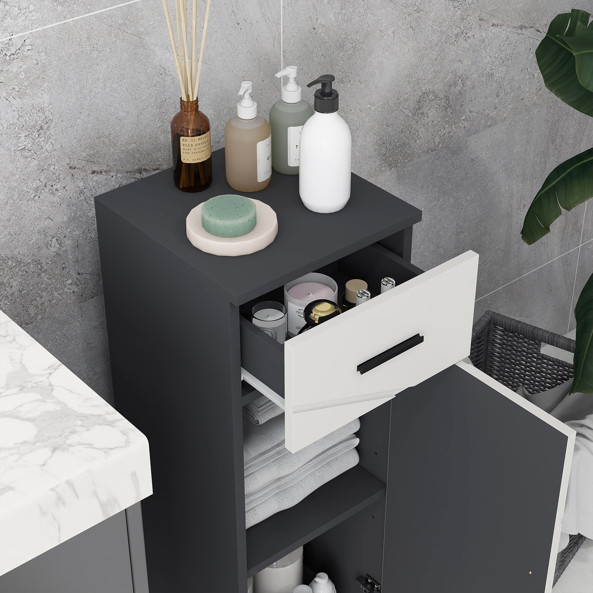 kleankin Slim Bathroom Cabinet, Narrow Bathroom Storage Cabinet with Drawer, Door Cupboard, Adjustable Shelf and Soft Close Mechanism, Grey 