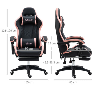 Vinsetto Computer Gaming Chair, PU Leather Desk Chair with Footrest, Swivel Task Chair with 135° Reclining Back and Lumbar Support, PC Chair for Adults, Black and Pink 