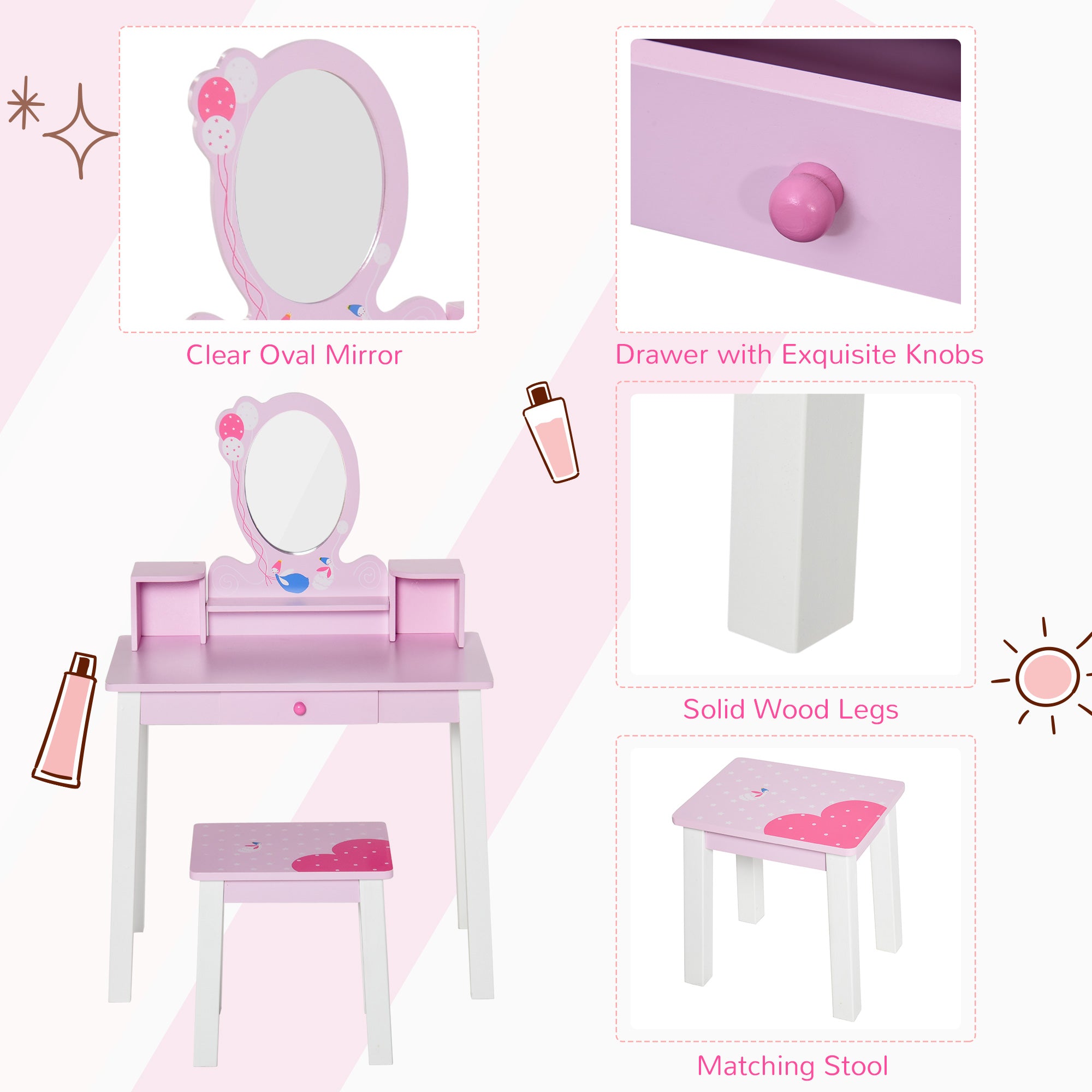 HOMCOM Kids Wooden Dressing Table and Stool Make Up Desk (Pink) 
