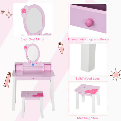 HOMCOM Kids Wooden Dressing Table and Stool Make Up Desk (Pink) 